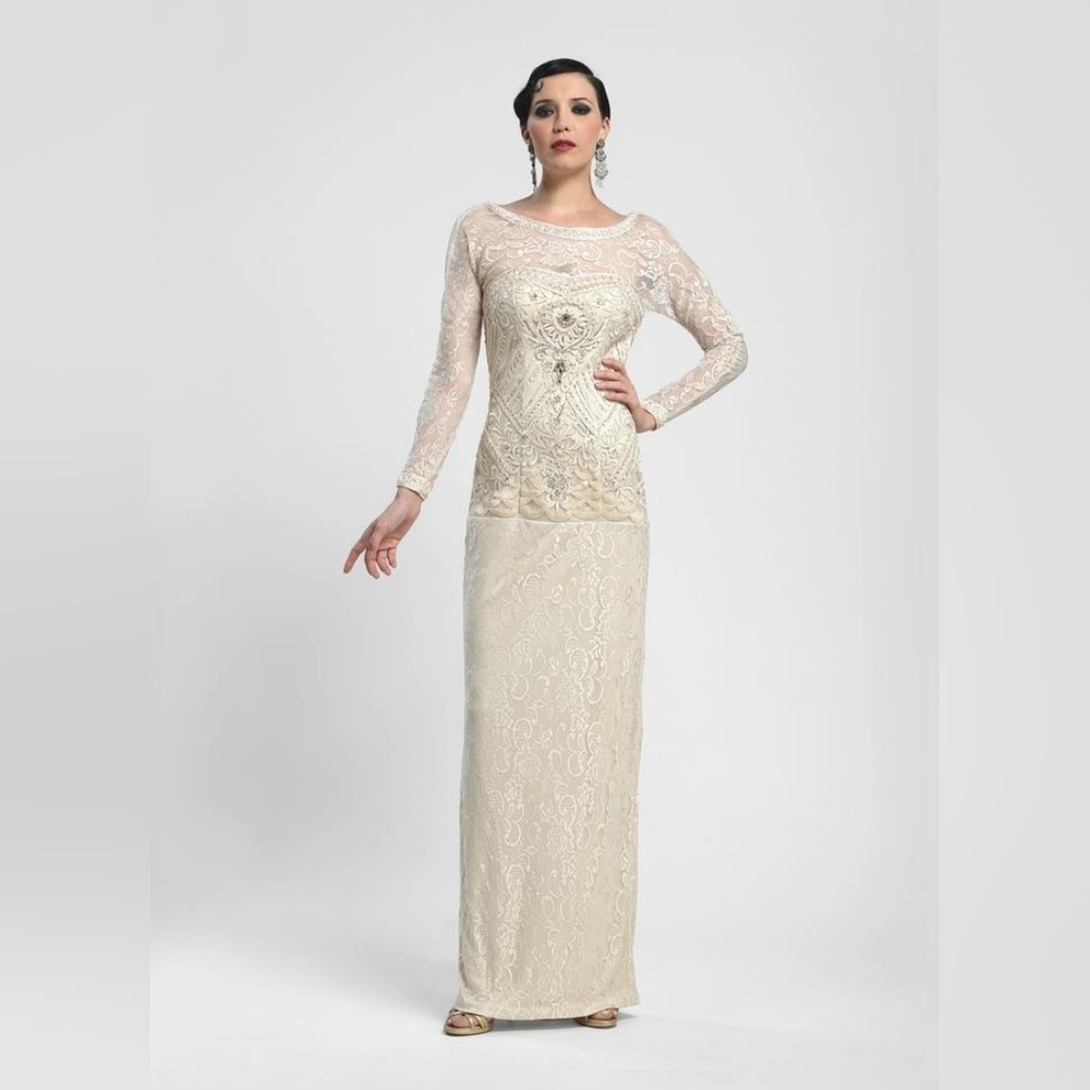 Sue Wong Long Sleeve Crew Neck V-Cut Back Floral Lace Ankle Length Dress